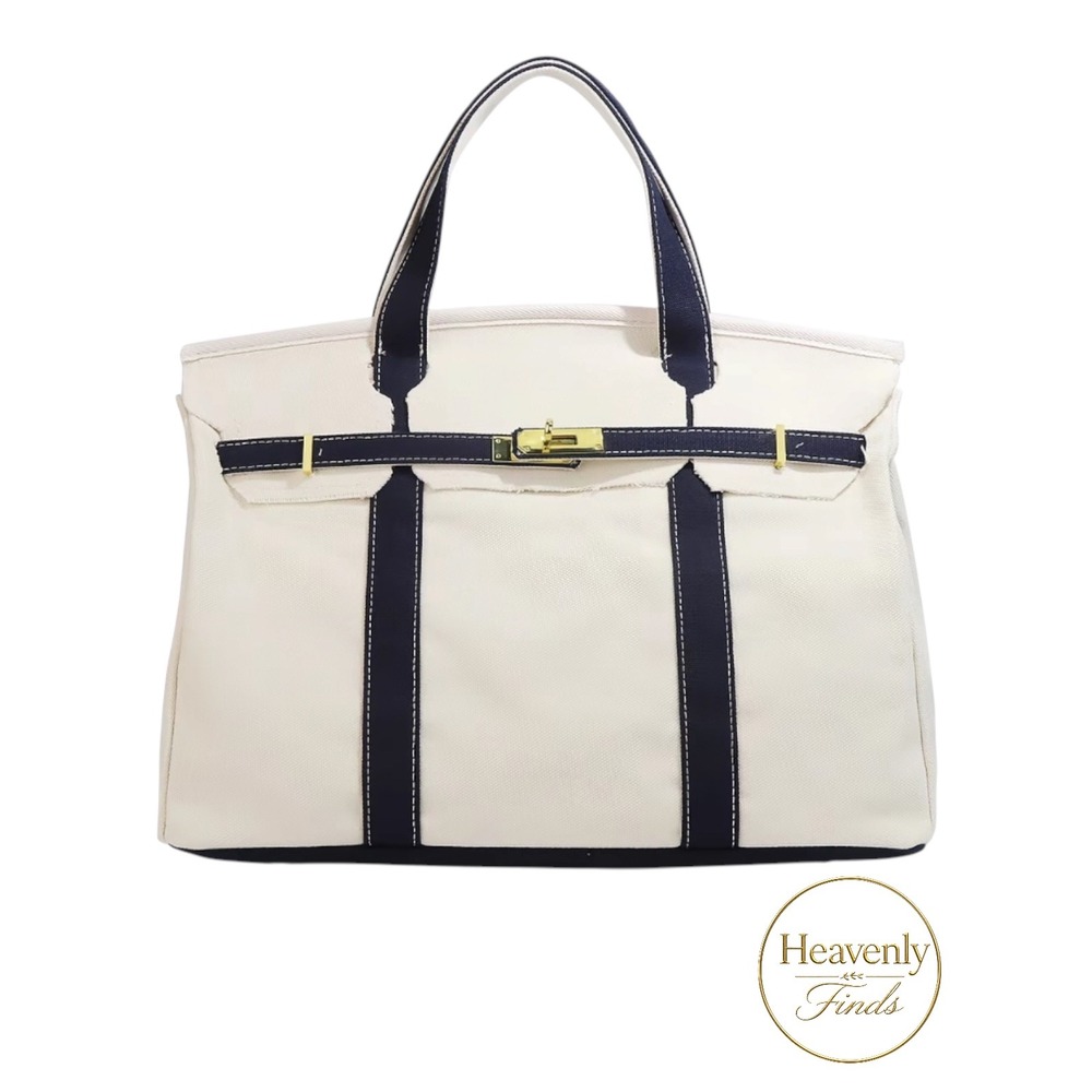 Boatkin Canvas Tote Bag Cream & Navy Large Structured Shopper Gold Hardware New
